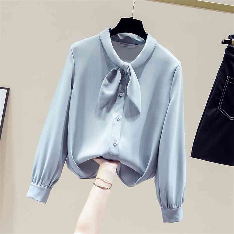 

Autumn Elegant Women's Bow Long Sleeves Chiffon Shirts Female Ladies Shirt Blouse Tops A4063 210519, White