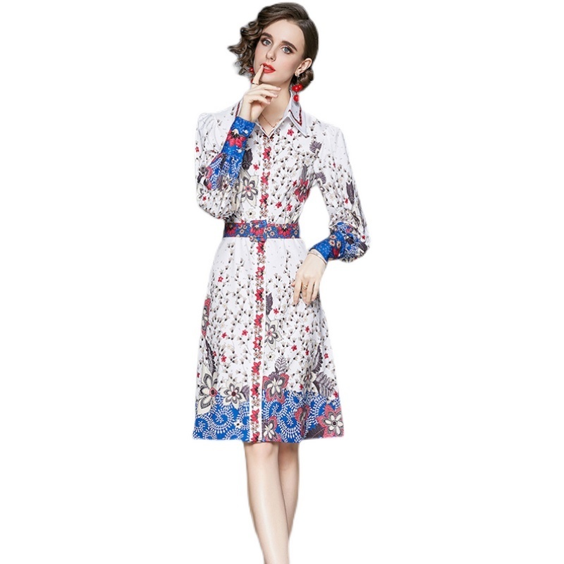 

Designer Spring Women Elegant White Shirt Dress Sexy Long Sleeve Office Party Robe Female Vintage Printed Dresses Vestidos 210525
