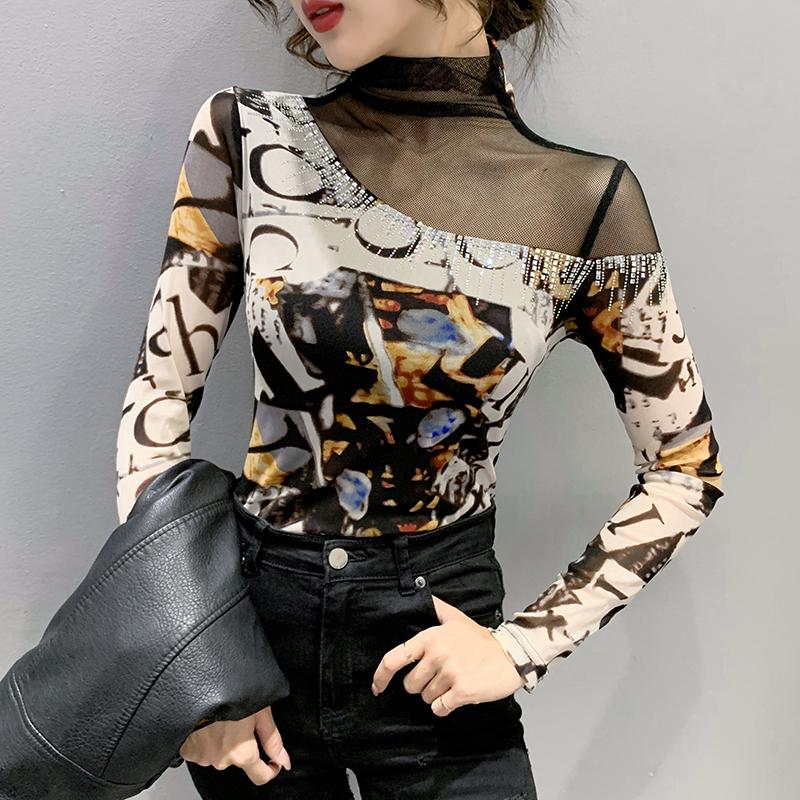 

Women's T-Shirt Women Turtleneck Slim Soft T Shirts Lady Beading Ringstones Elastic Tops Tees Female Basic Fashion Printing Mesh, White