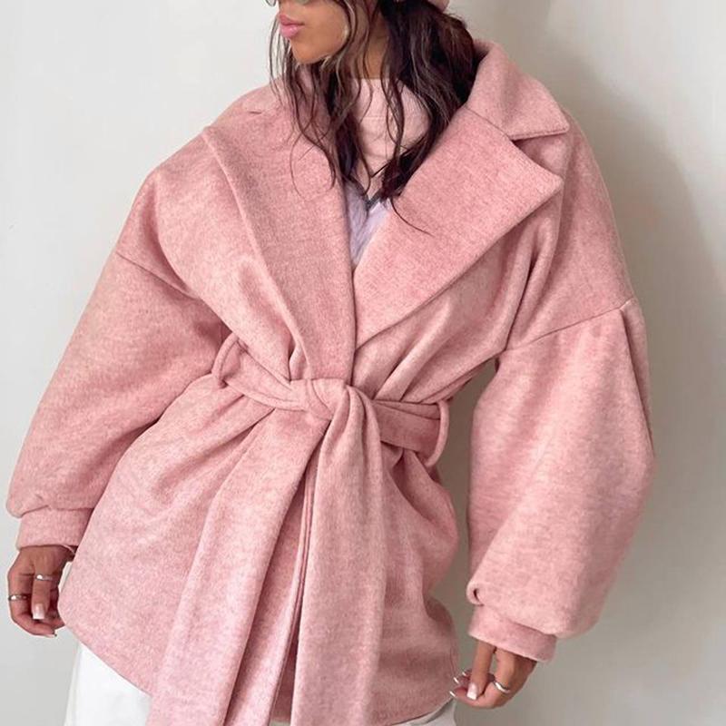 

Women's Suits & Blazers YANA Fashion Solid Notched Women Elegant Casual Tie Belt Collected Waisted Jackets Lantern Sleeve Ladies, Pink