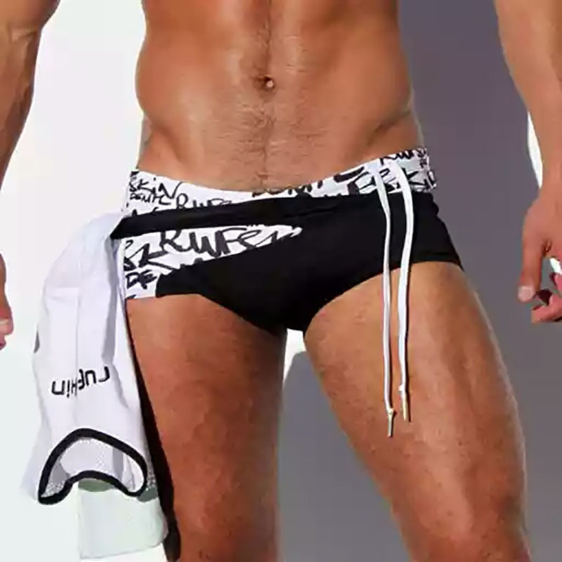 

men's shorts swimming trunks low waist swimsuit fashion tight straddle men, White;black
