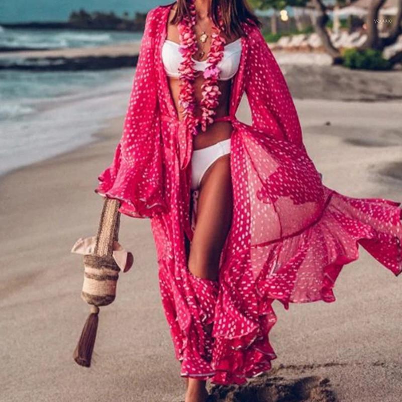 Women Swimsuit Cover Up Sleeve Beach Tunic Dress Robe De Plage Solid White Cotton Pareo High Collar Beachwear Women's Swimwear-image-735938081