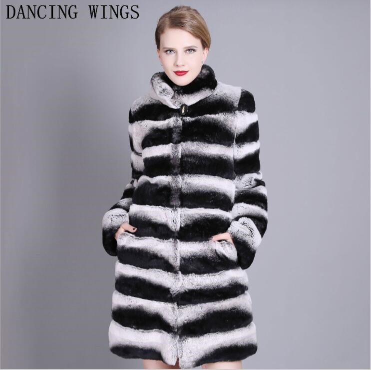 

Women's Trench Coats 90CM Luxury Whole Skin Natural Chinchilla Fur Stand Collar Striped Women Real Rex Rabbit Long Jacket Winter T, As picture
