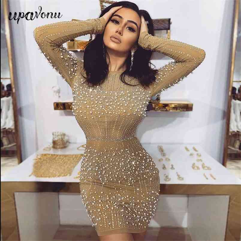 

Free Heavy Industry Beaded Dresses Women's Sexy Mini Dress O-neck Long Sleeve Bodycon Party 210524, Champagne