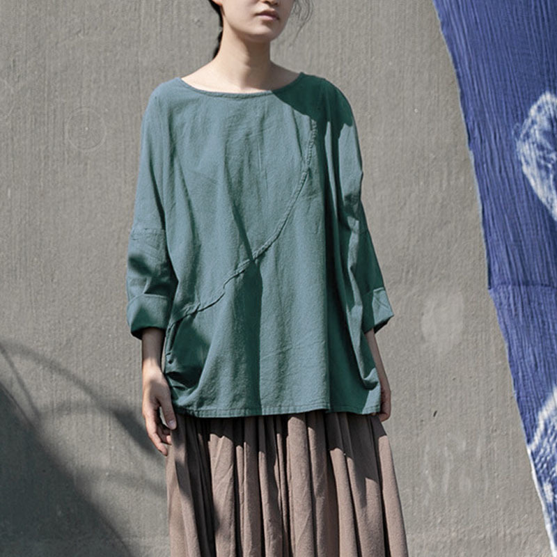 

Johnature Spring Solid Color O-neck Long Sleeve Loose Comfortable All-match T-shirt Simple Retro Women Pullover T-shirt 210521, Lake blue