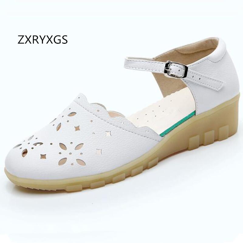 

Hollow Breathable Summer Women Sandals White Shoes Casual Non-Slip Genuine Leather Woman Wedges, Black