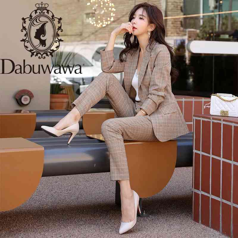 

Dabuwawa Casual Women Plaid Blazer Set Autumn Single Button Long Sleeve Female Office Ladies Pants Blazer Suits Winter DT1CSA007 210520, Coffee