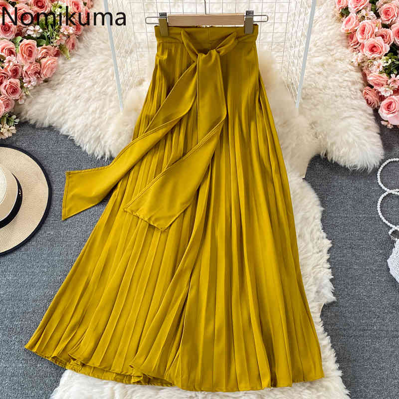 Nomikuma Summer New Pleated Skirts Korean Lace Up High Waist Woman Skirt Casual A-line Fashion Elegant Faldas Mujer 6H477 210427
