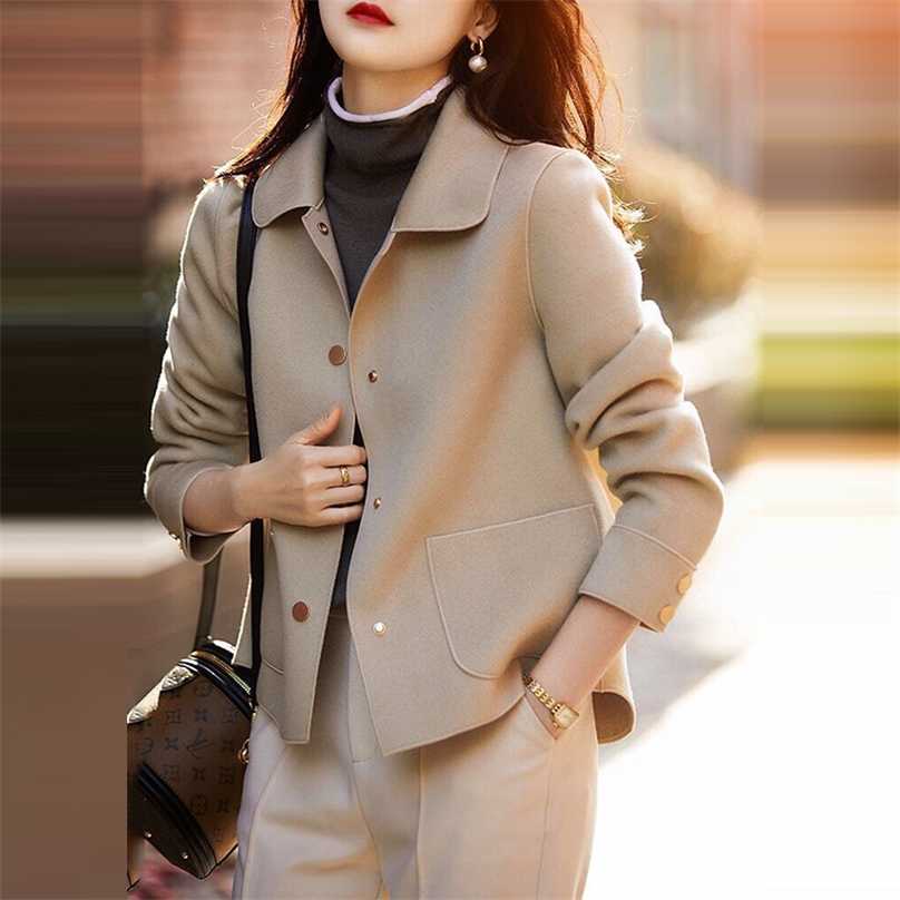 

Spring Elegant Woolen Lapel Jacket Women Fashion Retro Long Sleeve Single-Breasted Coat High Quality Chic Casual Ladies Outwear 211019, Apricot