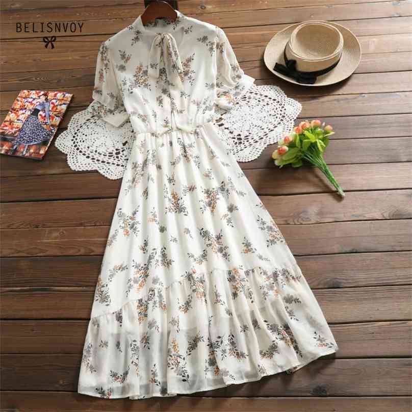 

Mori Girl Sweet Dresses Summer Women Floral Printed Long Chiffon Dress Female Bowknot Short Sleeve Ruffles Vestidos Longo 210520, Khaki