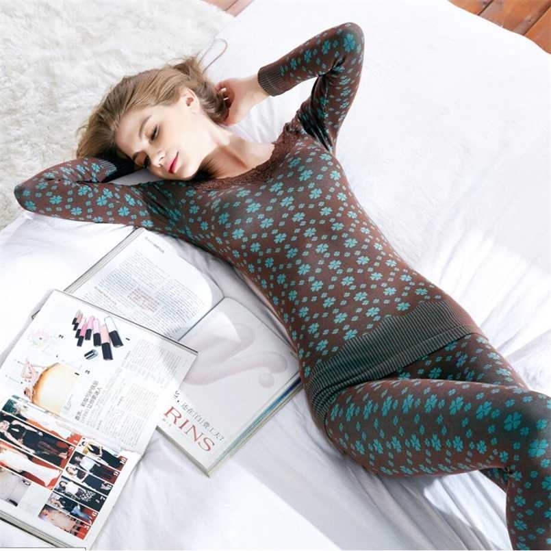 

Women Sexy V-neck Long Johns Winter Cotton Second Female Thermal Skin Warm Suit Korean Printed Lace Thermal Underwear For Women 211110