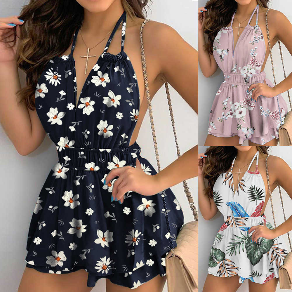 

Summer Holiday Beach Mini Dress Women Floral Print Halter Lace Up Sleeveless Backless V Neck Mid Waist Tunic Party Sundress 210526, White