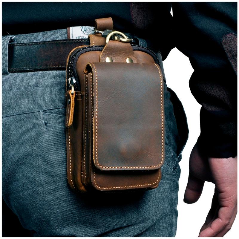 

Waist Bags Real Leather Men Casual Design Small Bag Cowhide Fashion Hook Bum Belt Pack Cigarette Case 5.5" Phone Pouch 1609, Black