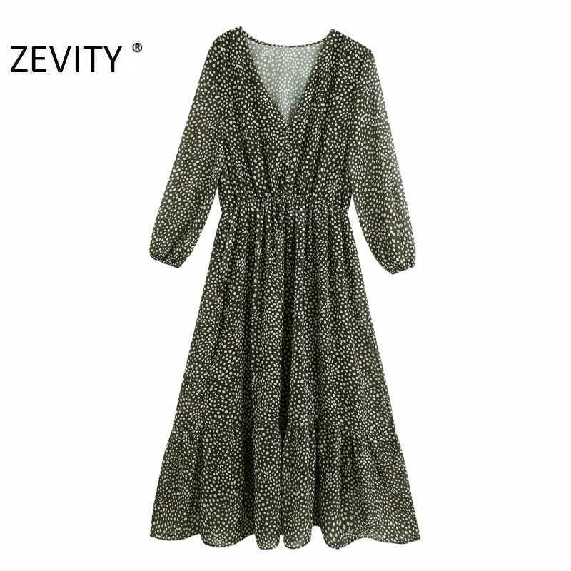 

ZEVITY Women vintage v neck polka dots print casual chiffon midi Dress female three quarter sleeve Vestidos Chic Dresses DS4357 210603, As pic ds4357bb