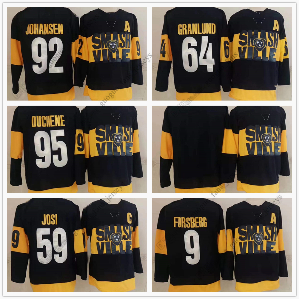 

2021 Reverse Retro Ice Hockey Jersey Stitched 9 Filip Forsberg 59 Roman Josi 64 Mikael Granlund 92 Ryan Johansen 95 Matt Duchene black, Picture