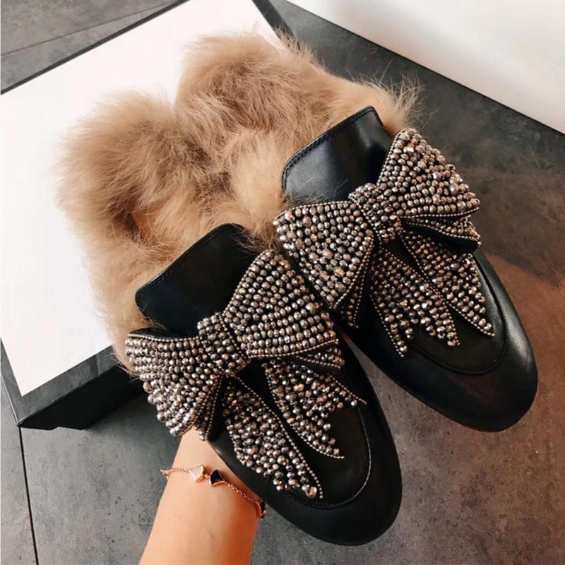 

Women Real Leather Fur Backless Slipper Mule Slide Rhinestones Crystal Bowknot Princetown Shoes Warm Winter Plus Size 34-43 Slippers, As