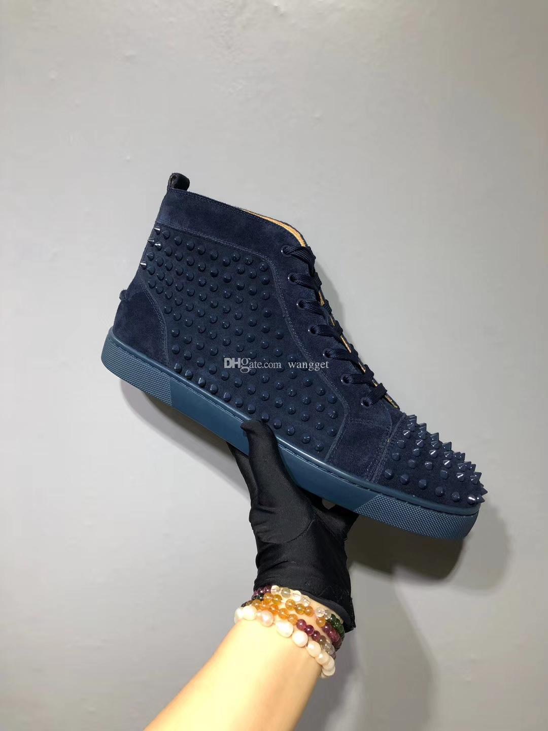 

Designers Louboutin CL Christian luxurys Luxury Spikes Sneaker Shoes Mens/Womens Red Bottom Sneakers Genuine Leather Hig CUP, Blue