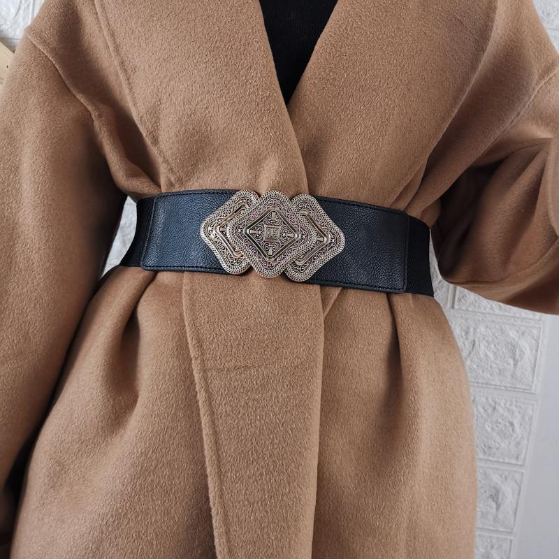 

Belts Vintage Big Buckle For Women Alloy Buckles Waistbands Dress Black Wide Elastic Cummerbunds Coat Girls Fashion Waist Seal