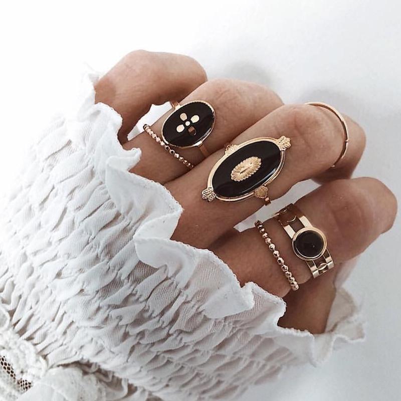 Cluster Rings DIEZI 6pcs/set Bohemian Vintage Fashion Black Metal Chain Knuckle Joint Set For Women Boho Beach Gold Finger Jewelry-image-707354170