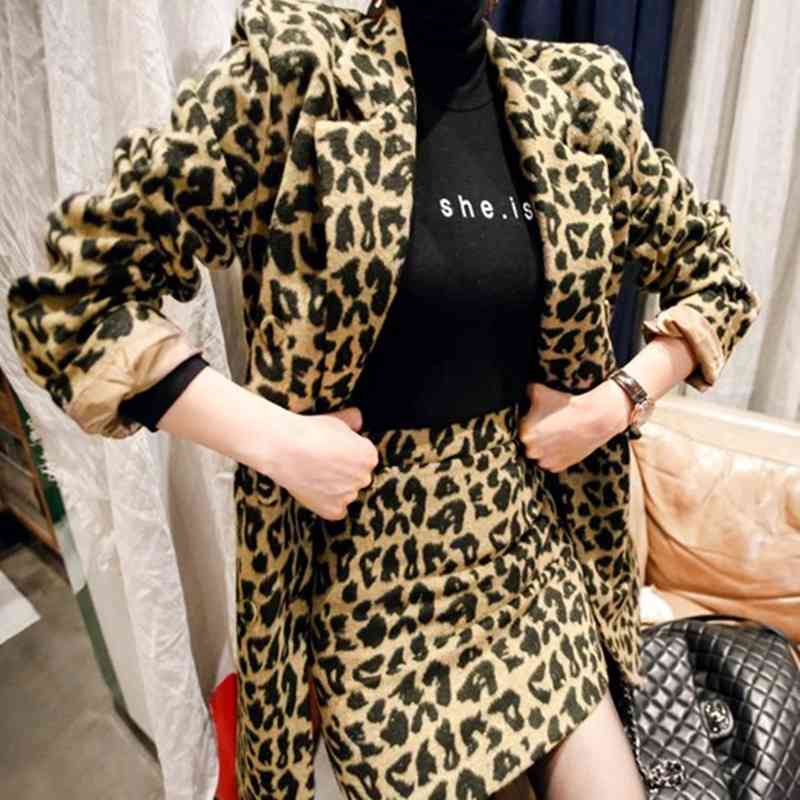 

ZAWFL autumn winter western style loose leopard print woolen suit jacket fashion high-end short skirt two-piece 210603, Picture color