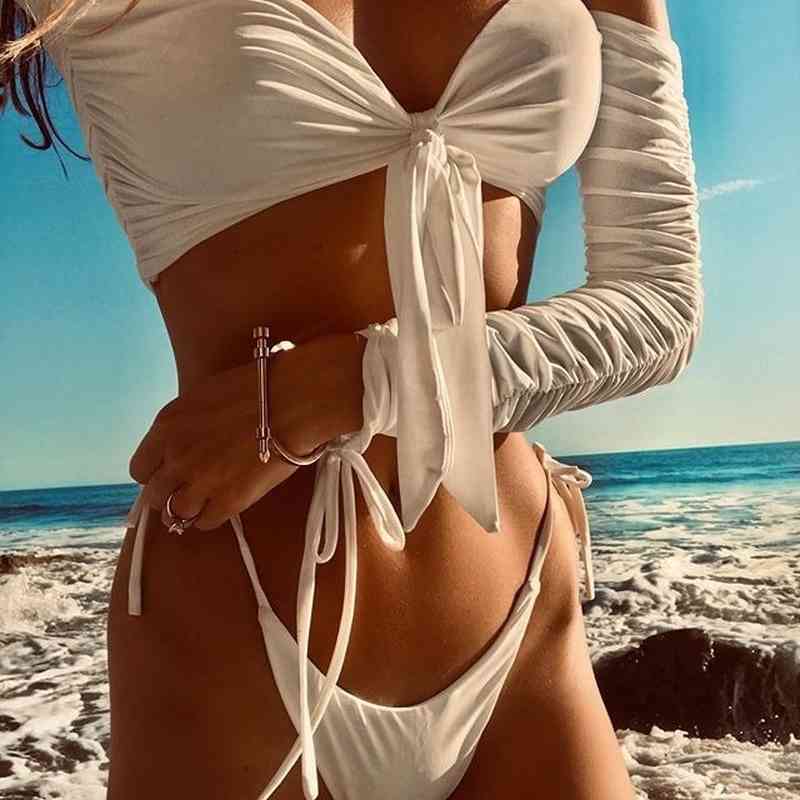 

Sexy Long Sleeve Two Piece Swimsuit for Women Strap Tankini Swimsuits Swimwear Micro Bikini Set Beach Wear Swimming Suit 210603, White