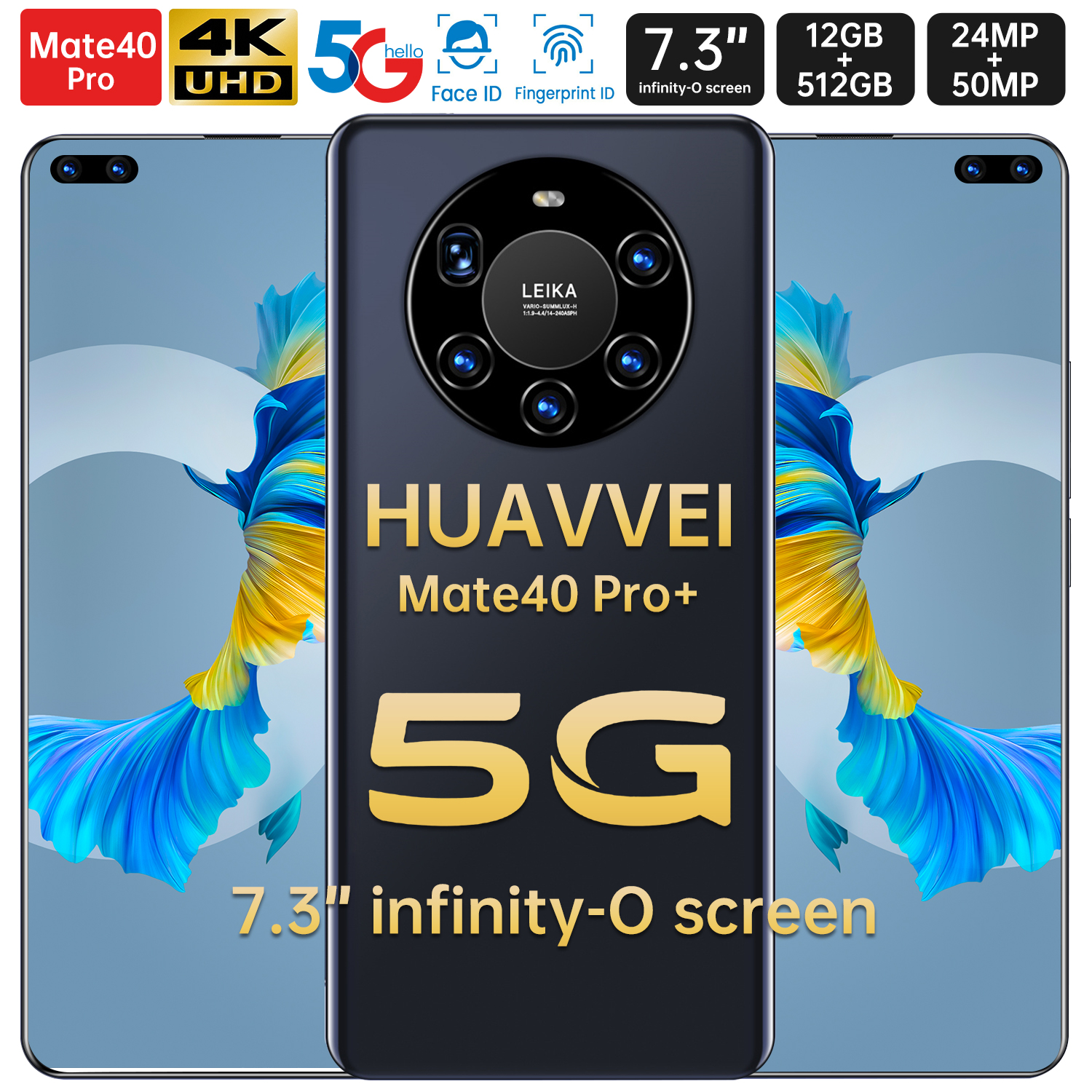 

2022 M40Pro+ Smartphone 12+512GB Phone Android 10.0 Celulares Deca Core HD Camera 7.3" Telephone 6000mAh Global Version 4G 5G Mobile 32MP+64MP Cell Phones Face Unlock, Yellow