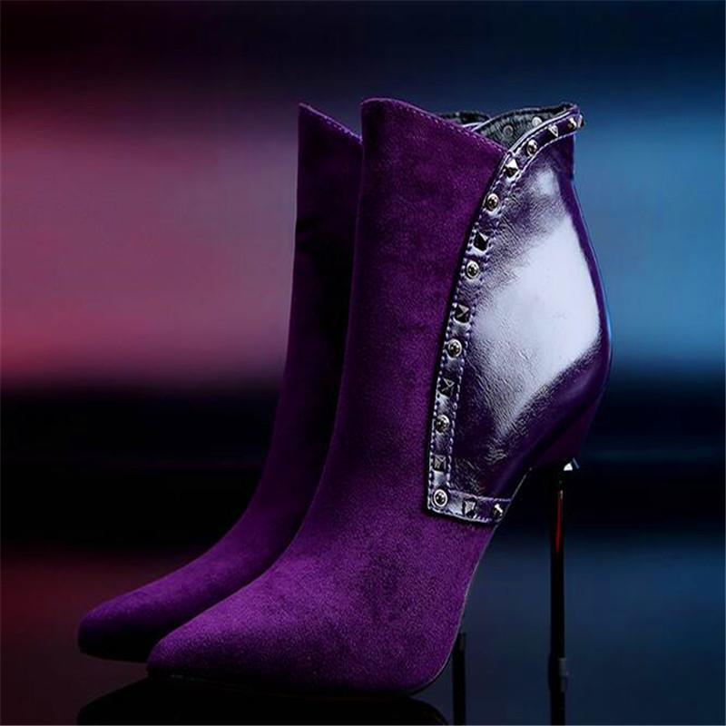 

Boots Embellished Stiletto Heel Ankle Formal Ladies WInter Shoes Women Purple Suede Leather Business Autumn, Black