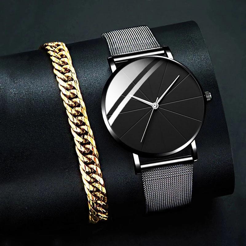 

Wristwatches Fashion Men Watches Stainless Steel Mesh Band Watch Man Luxury Quartz WristWatch Gold Bracelet Business Casual Simple Clock, As shown 5