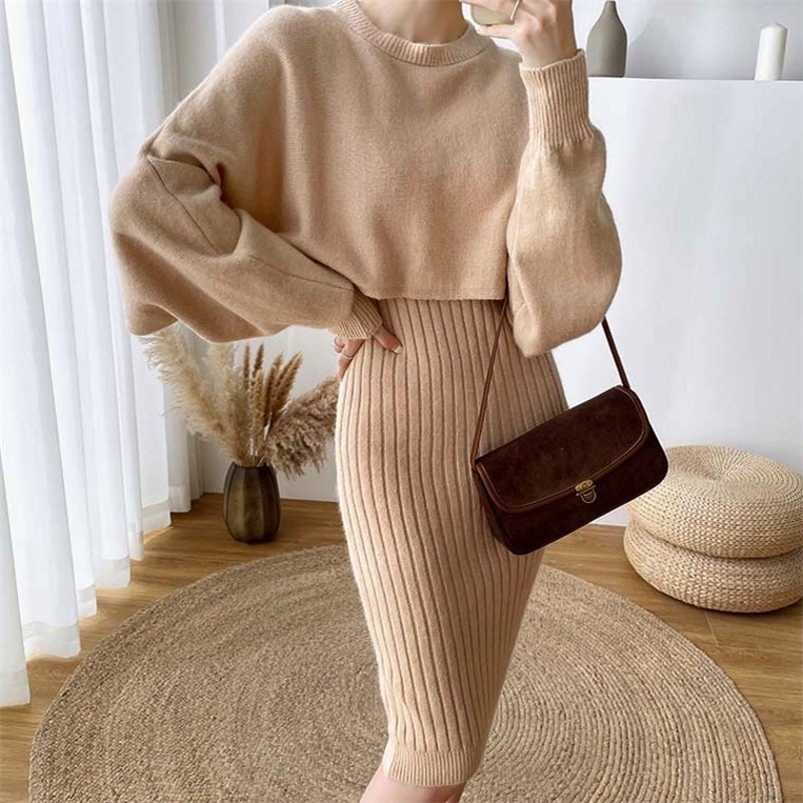 

Runway Fall Winter Long Sleeve Korean Knitted Top Sweater + Elegant Sling Dress Women's Clothes Vestido 2 Pieces Set 211117, Blue