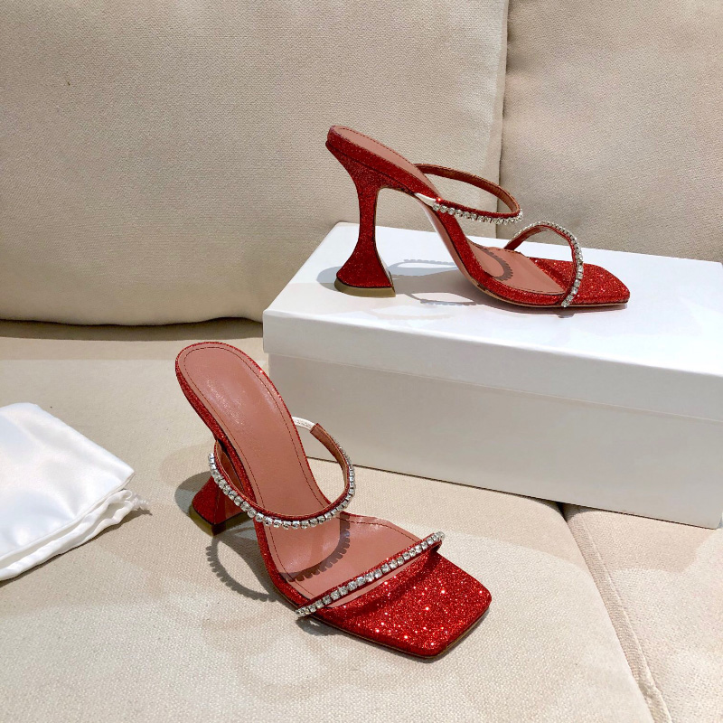 

Gilda red glitter crystal embellished strap slippers mules evening shoes Rhinestone spool Heel women heels Luxury Designers heeled sandals factory footwear, Black