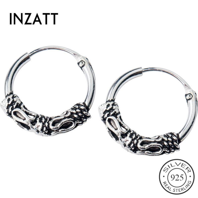 

Hoop & Huggie INZAReal 925 Sterling Silver Vintage Pattern Earrings For Women Party Personality Fashion Jewelry Ethnic Accessories
