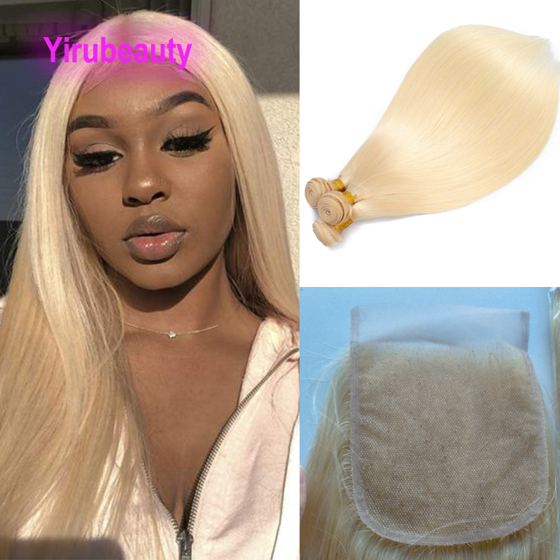 

Peruvian Virgin Human Hair 5X5 Lace Closure With 3 Bundles Blonde Color Silky Straight 4 Pieces/lot 613# Double Wefts Top Closures Free Middle Three Part