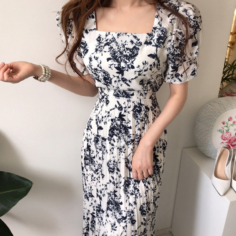 

Summer Elegant Women Print slim short sleeve pleated Bandage Dress, White