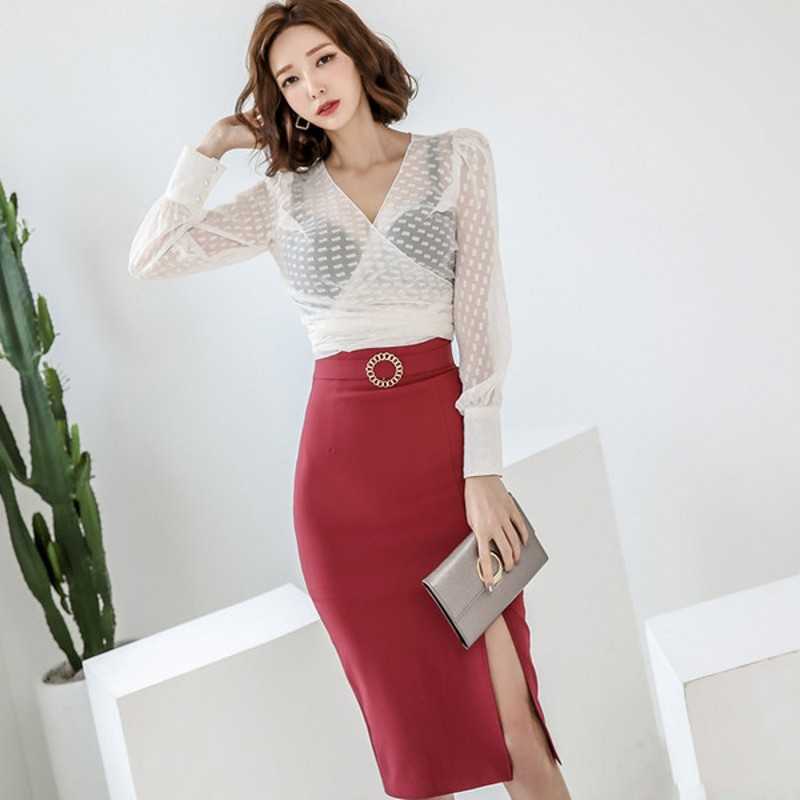 

Elegant OL Style 2 Pieces Set V-Neck White Bow Chiffon Blouse & High Waist Pencil skirt Spring Office Ladies Women 210526, Photo color