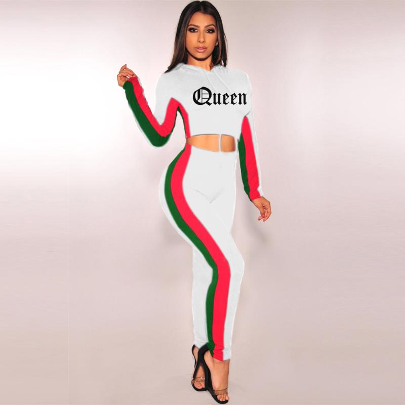 

Women's Two Piece Pants 2021 Quality Fashion Design 2 Pcs Tracksuits Women Set Letters Patchwork Hooded Short Tops Long Elastic Outfits, White