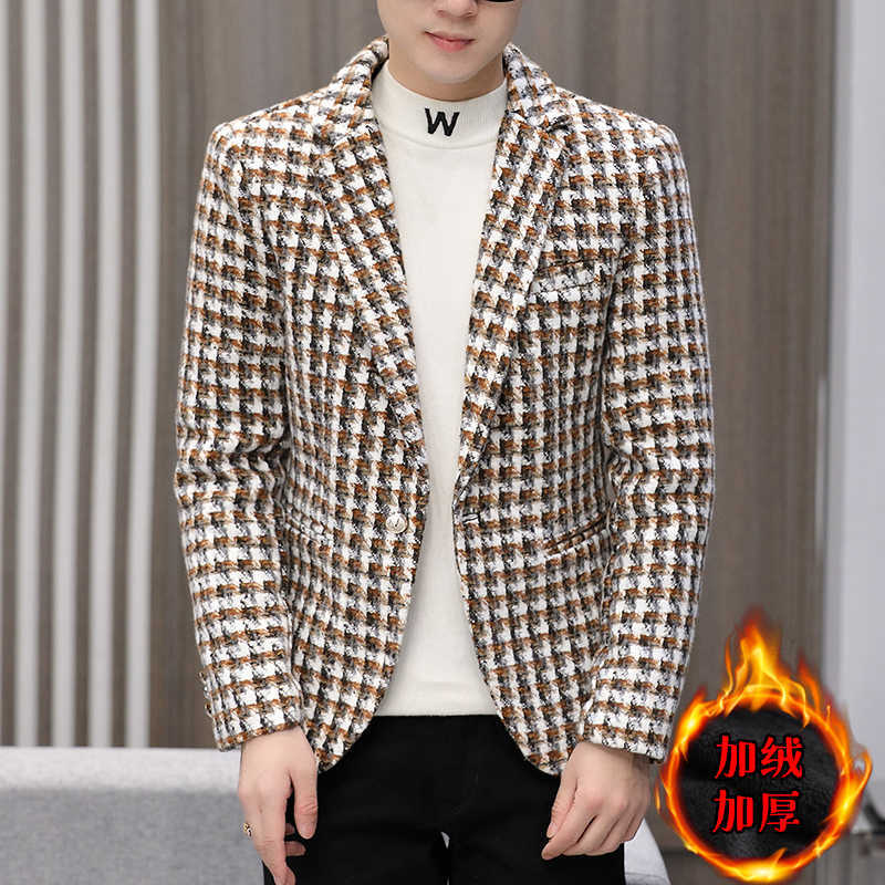 

Winter Men Blazers Thick Woolen Suit Jacket Casual Slim Fit Wedding Business Dress Coat Plaid Street Wear Social Jacket Terno 210527, Black