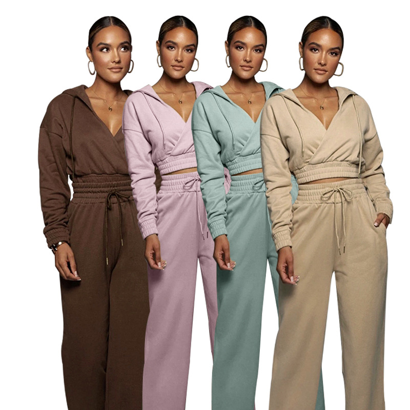 

2021 European and American Autumn and Winter Casual Solid Color Hooded Open V Trousers Women's Fashion Slim Long-sleeved Sweater Suit, Gray