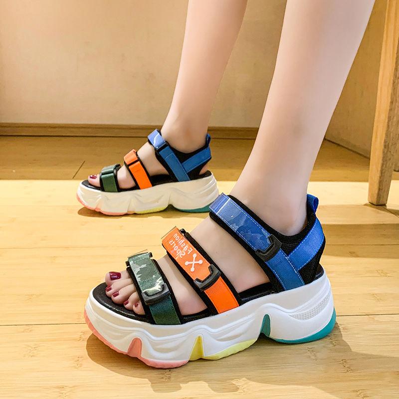 

Mixed Colors Patchwork Knitted Fabric Hollowed Hook & Loop Rainbow Thick Bottom Rome Sandals Open Toe Wear Resistant Beach Shoes, Black
