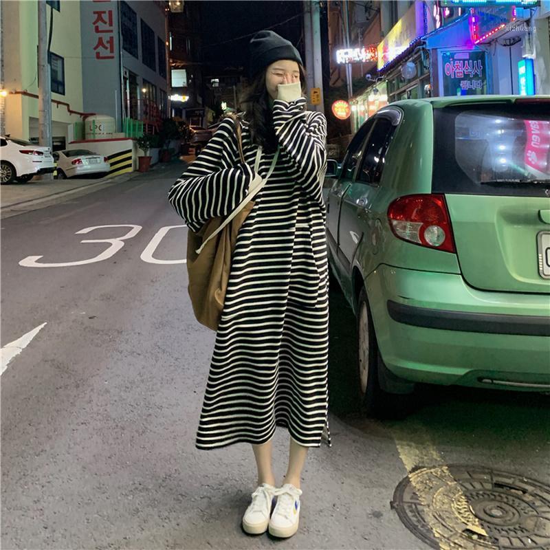 

Casual Dresses Woman Early Autumn Fashion Women' 2021 Korean Version Look Thin Stripe Long Sleeve Hoodie Dress Women Plus Size, Black