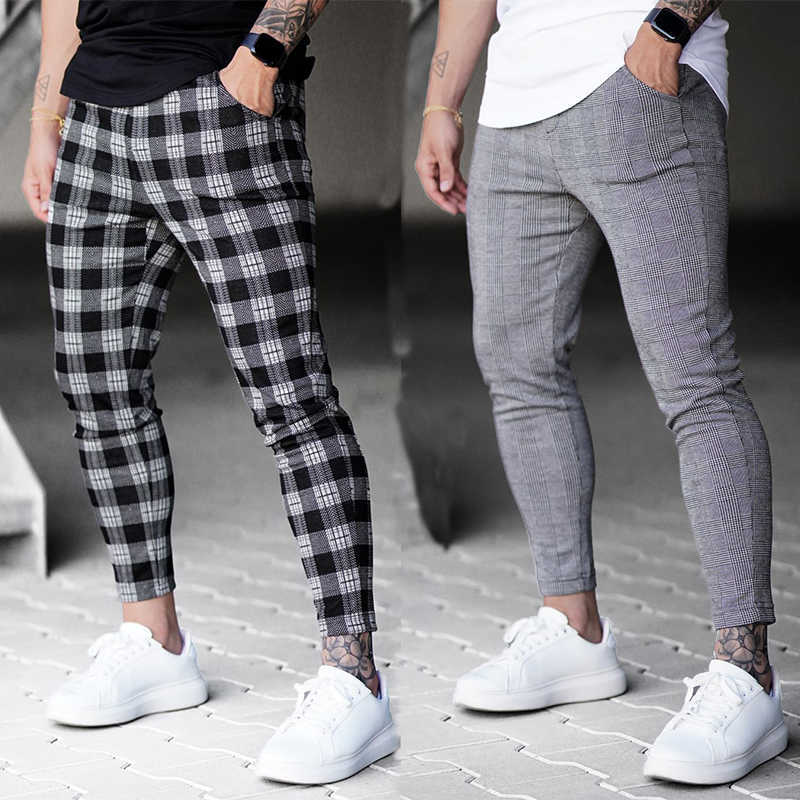 

Autumn 2020 Casual Ankle-Length Plaid Trousers Men's Pants Fashions Streetwear Jogger Men Sweatpants Slim Fit Checkered Pants X0615, Black