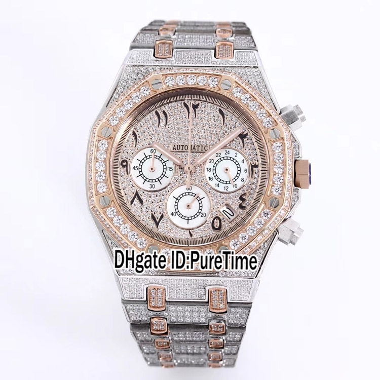 

2021 Royal Full Paved Diamond Quartz Chronograph Mens Watch Two Tone Rose Gold Arabic Numerals Markers Silver Dial Super Edition Puretime 112f6, Slivery;brown