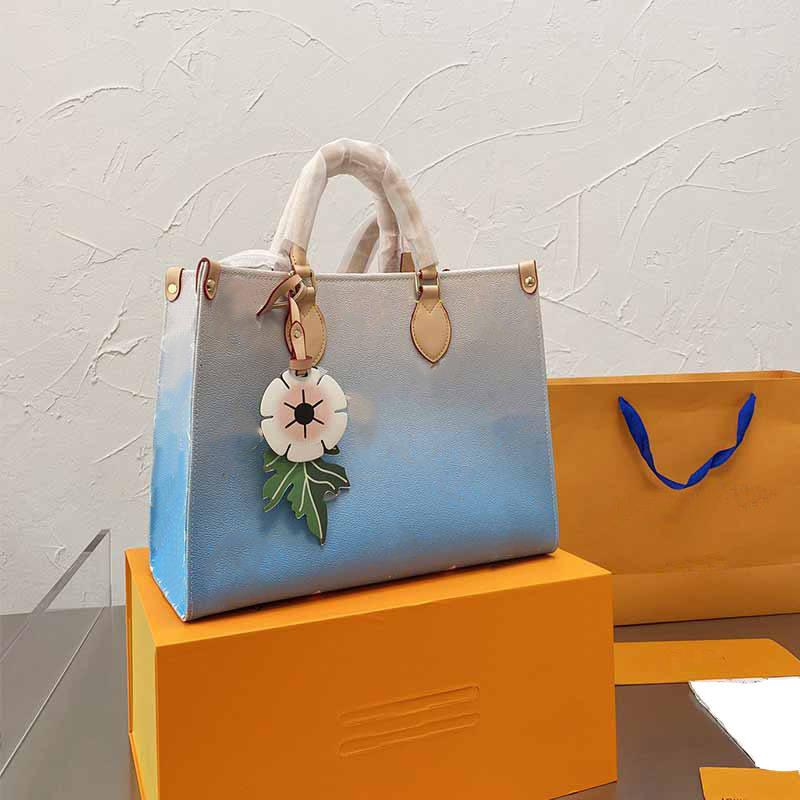 

2021 Summer Tote Shopping Bag Gradient Shoulder Handbag Long And Short Straps Totes Bags Fashion Letter Old Flower Beach Handbags Package, Blue 34*27cm