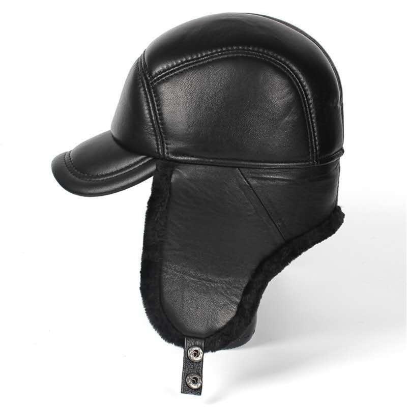 

Berets Men Winter Hat Retro Genuine Leather Sheepskin Bomber Earflap Black Warm Thick Ski Snow Windproof Male Russian