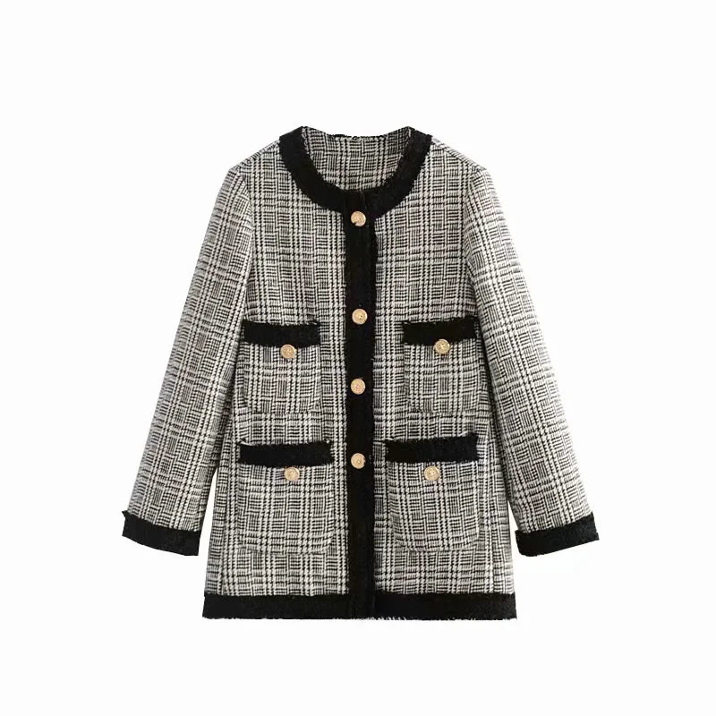 

Women's Retro Check Twill Tweed Jacket Fashion O-Neck Long Sleeve Single Breasted Pocket Loose Cardigan 210521, Lattice