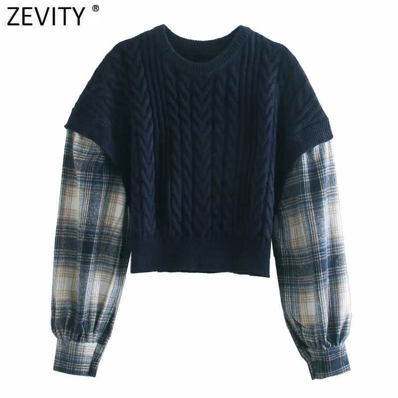 

Zevity Women Vintage Plaid Batwing Sleeve Patchwork Knitting Sweater Female Chic O Neck Fake Two Piece Casual Pullover Tops S580 210603, As pic s580cc