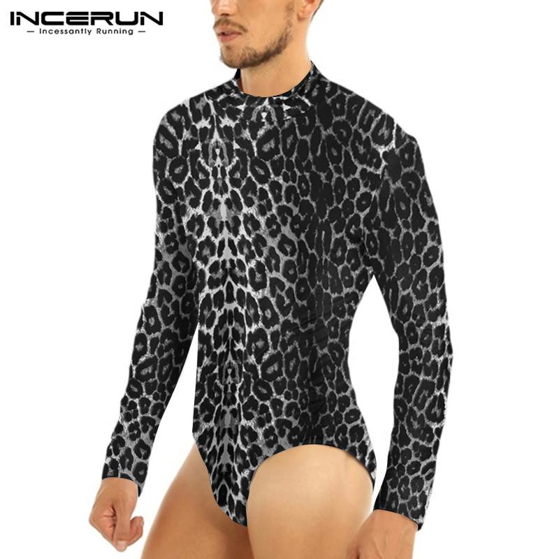 

Men' T-Shirts INCERUN Fashion Long Sleeve High Collar Romper Men Leopard Print Sexy T Shirts Casual Bodysuit Tops Camisetas 5XL 7, Brown