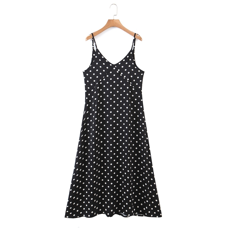 

Summer Women Sleeveless V neck Cami Dress Dot Printed Midi Vacation Beach Casual Female Sweet es 210525, Black