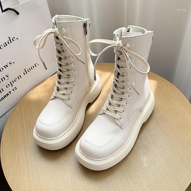 

Boots Round Toe White Ankle Rock Shoes Woman Flat Heel Luxury Designer Zipper Boots-Women Low Lolita Ladies Fashion 2021 Med, Beige