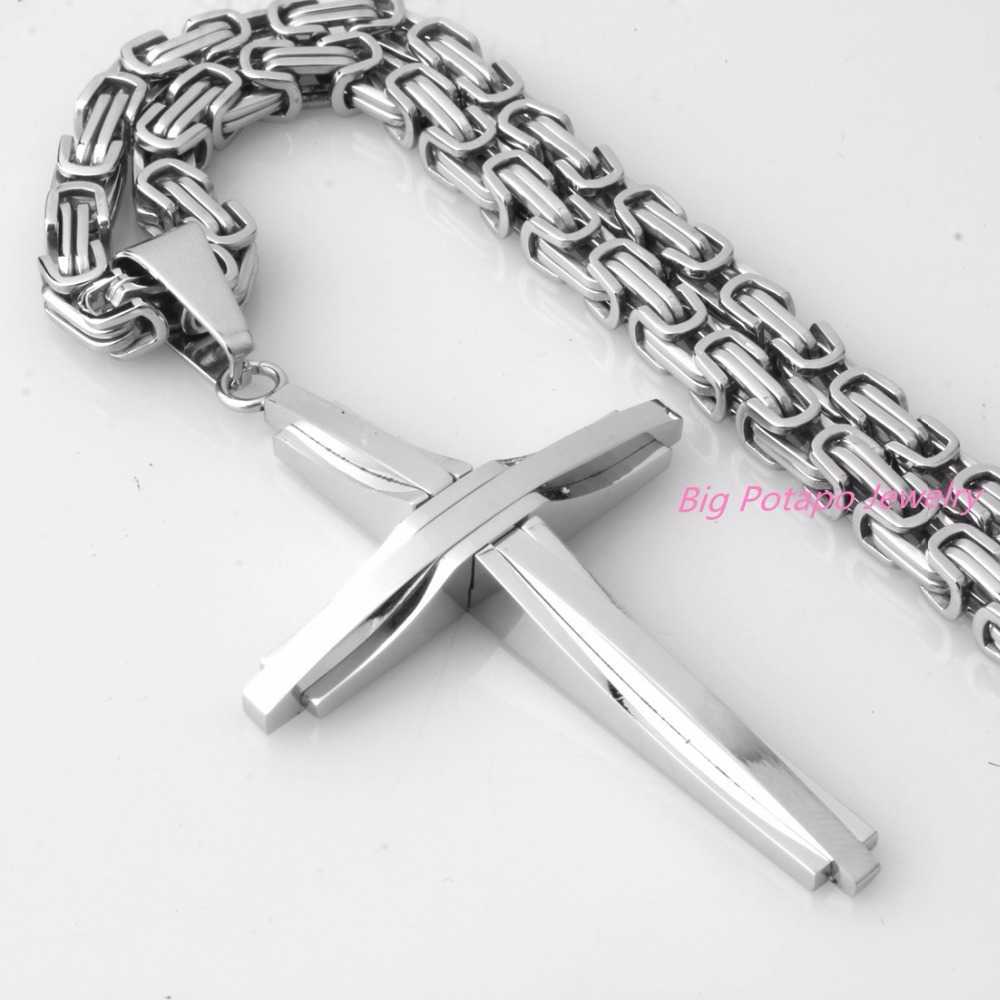 

Fashion Jewelry Design Smooth Cross Pendant Necklace Mens Chain Stainless Steel Byzantine Link Black Gold Silver Color