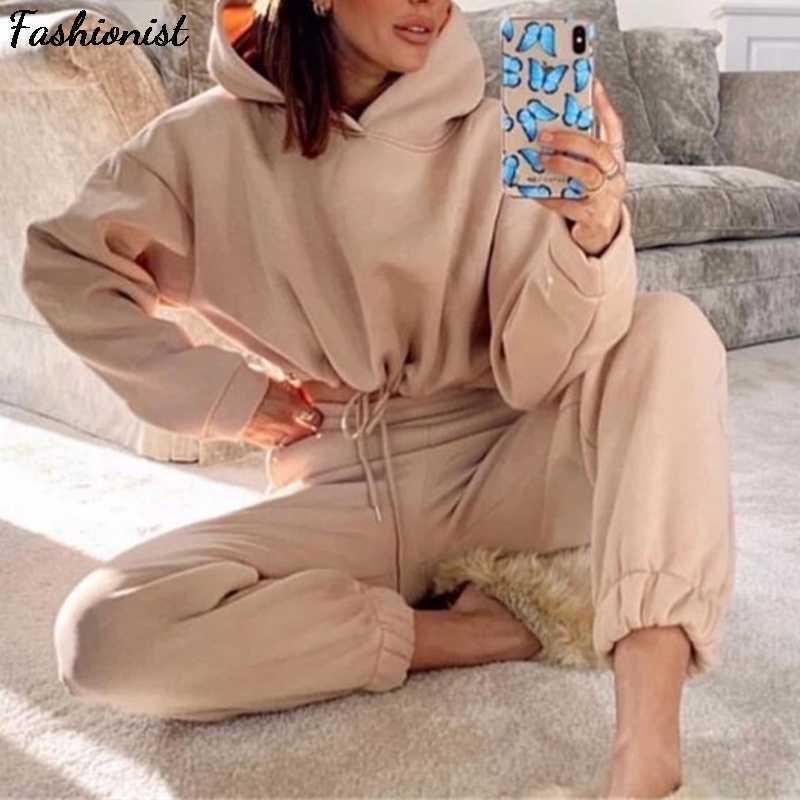 

2 Pieces Sets Fleece Women Tracksuit Suits Hooded Drawstring Female Short Sweatshirts Set Spring Sport Ladies Pants Suit 210709, Pink